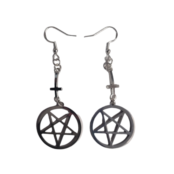 Hand-Crafted Inverted Cross & Pentagram Earrings - Picture 2 of 4